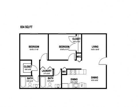 Floor plan for 2 beds, 2 baths, 834 sqft